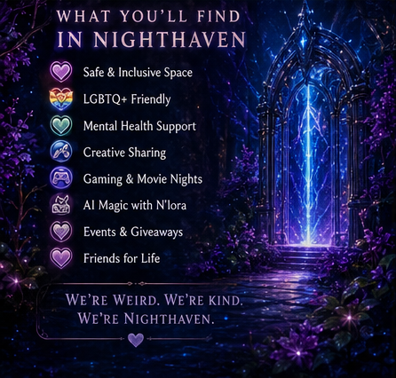 Nighthaven card listing safe inclusive space, LGBTQ+ friendly, mental health support, creative sharing, gaming, and AI magic with N'lora.